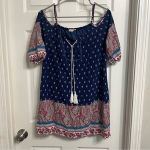 Crescent Blue and Red Cold Shoulder Mini Dress